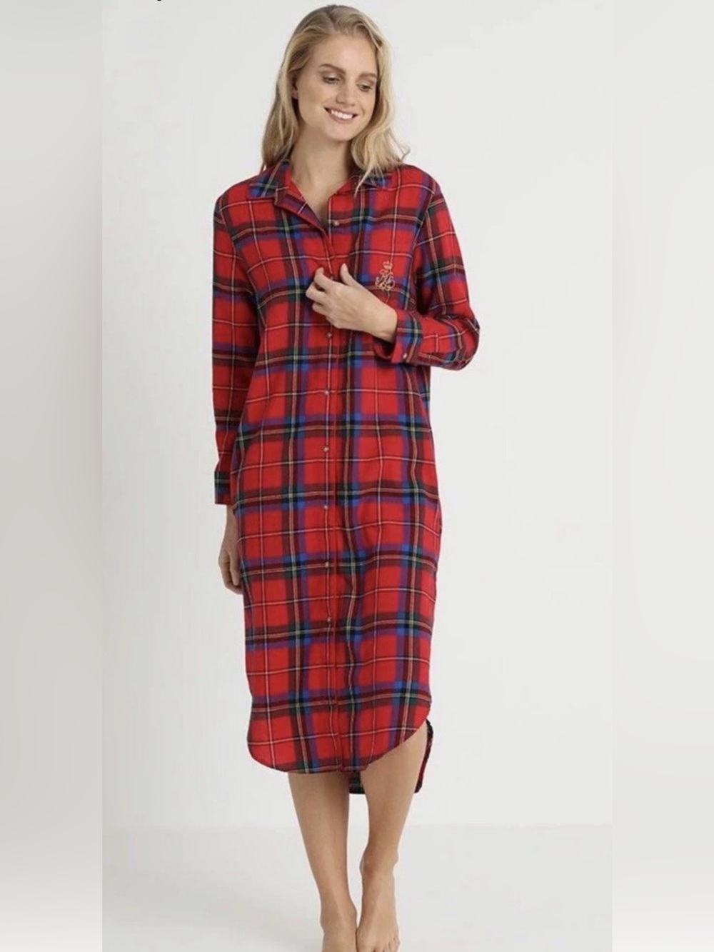 Ralph Lauren Brushed Twill Flannel Sleep Shirt Red Plaid Nightgown